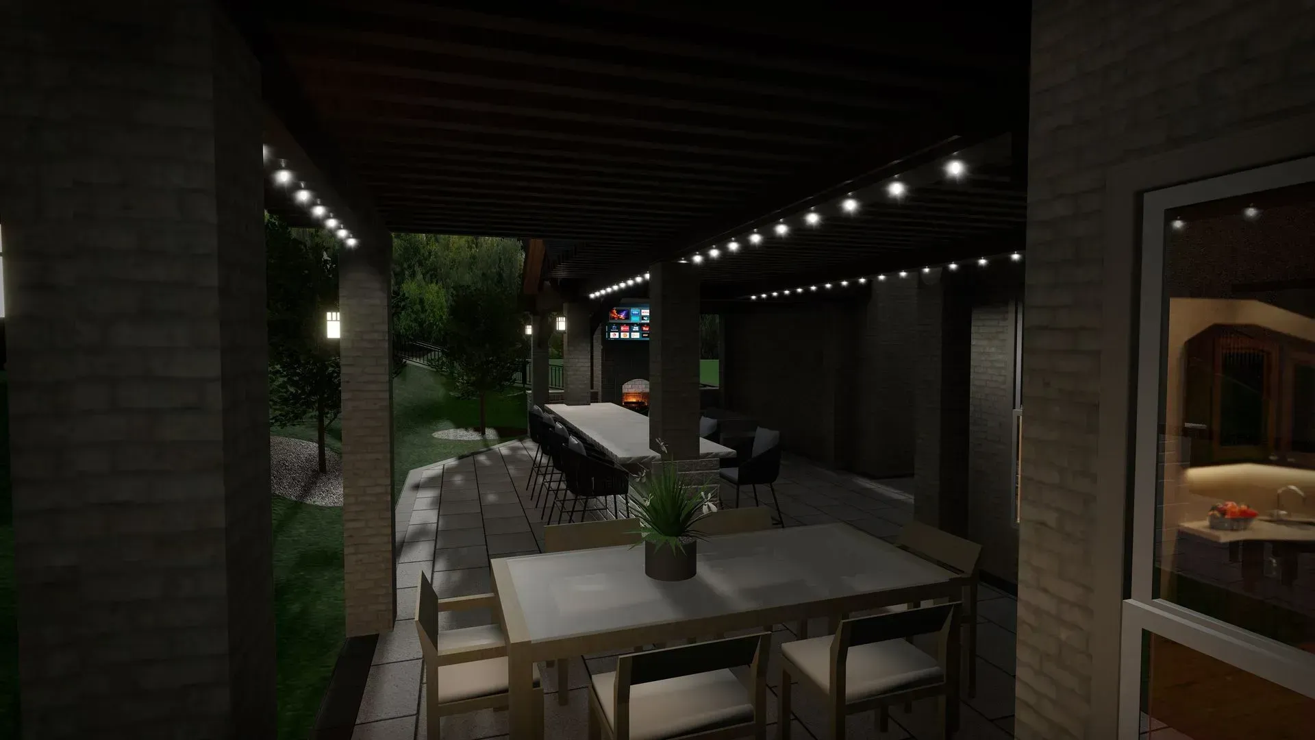 Covered patio dining area with a long table, chairs, potted plants, and string lights at dusk
