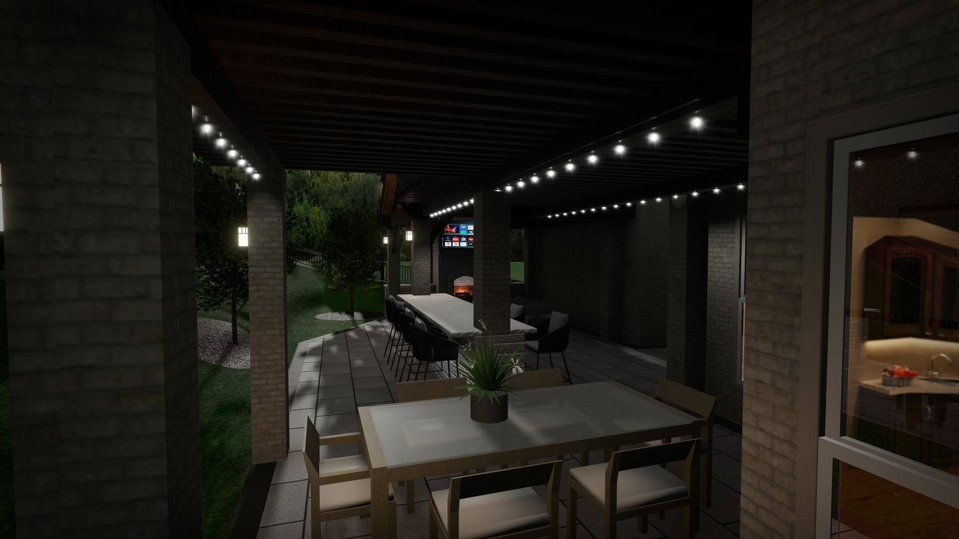 Covered outdoor dining area with a long table, chairs, string lights, and potted plants at dusk