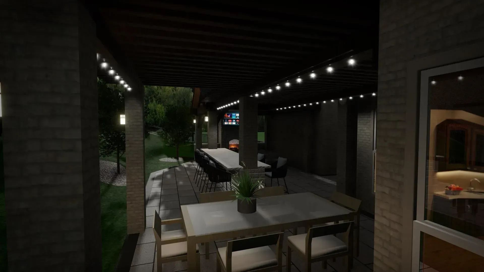 Covered outdoor dining area with long tables, chairs, and string lights beside a garden path