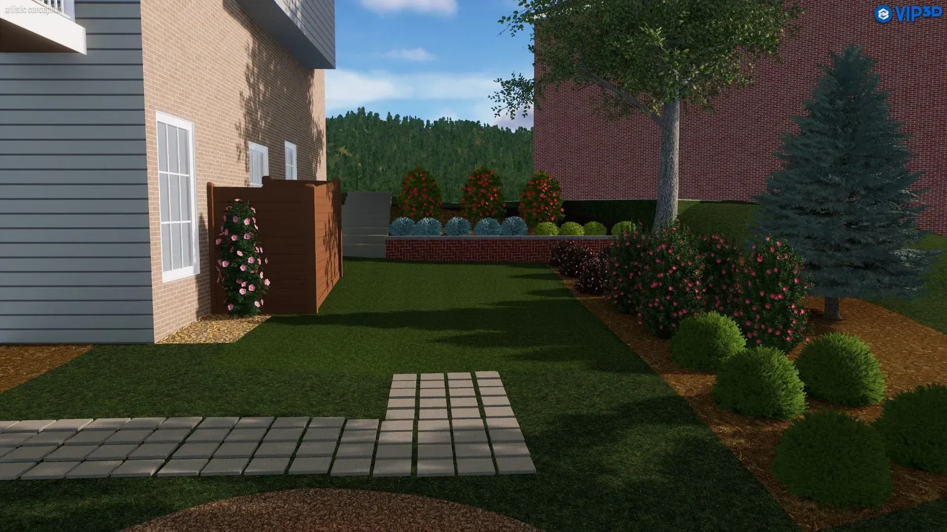 Front yard with stone path, trimmed shrubs, a wooden fence, and a house beside a red brick wall under a blue sky