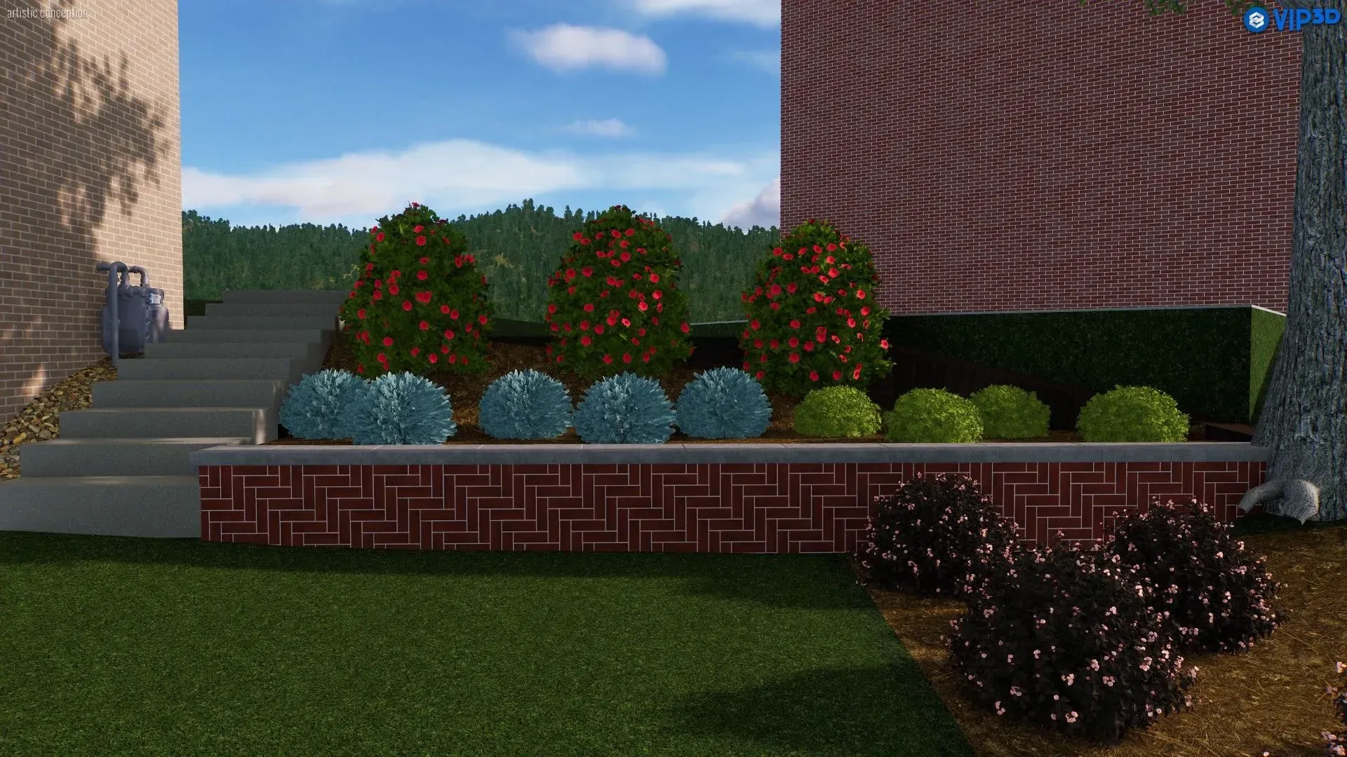 Landscaped brick patio with stairs, shrubs, flowering bushes, and a grassy lawn beside buildings under blue sky