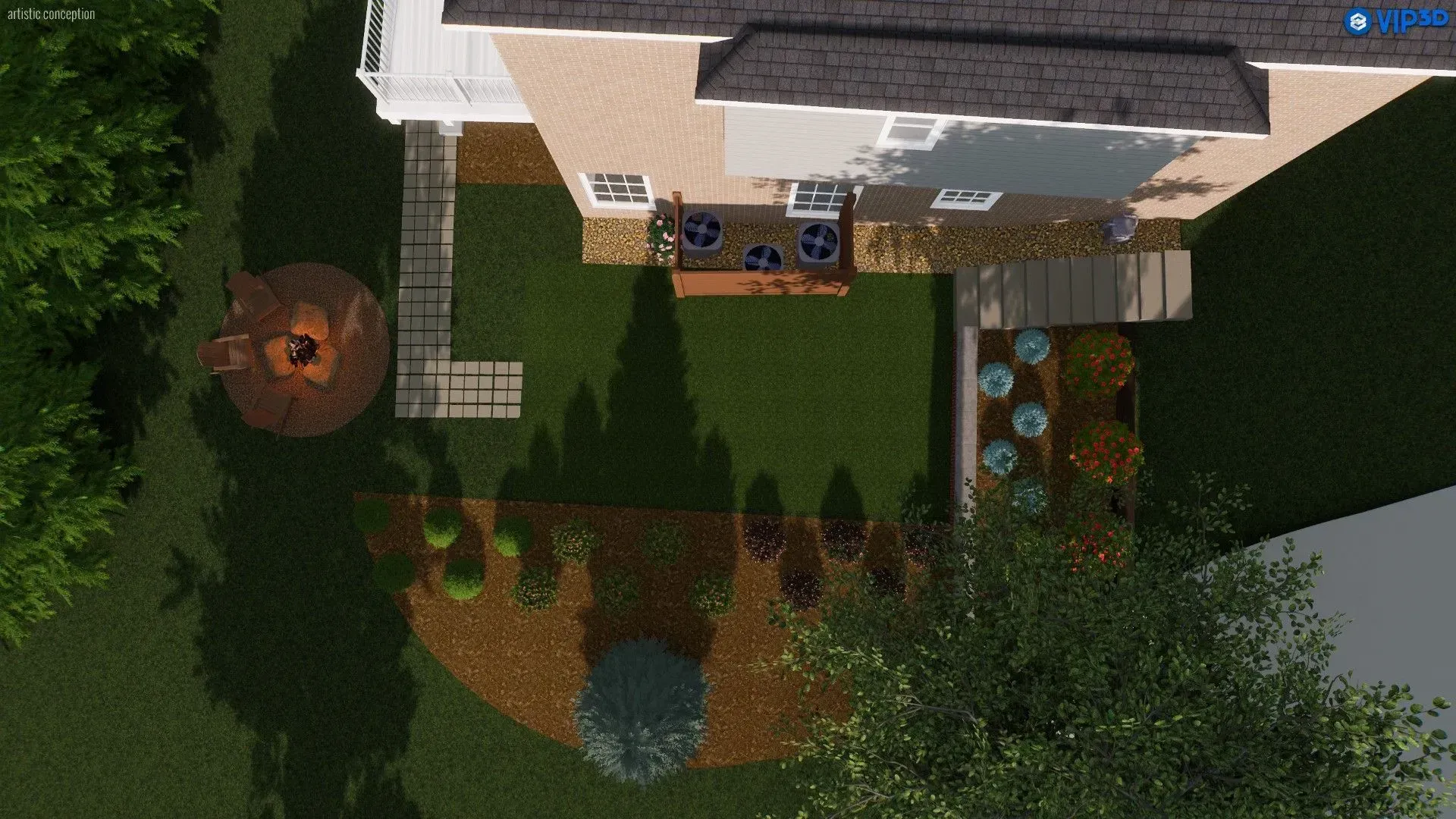 Top-down view of a house with a landscaped backyard, trees, a patio, and a small pond.