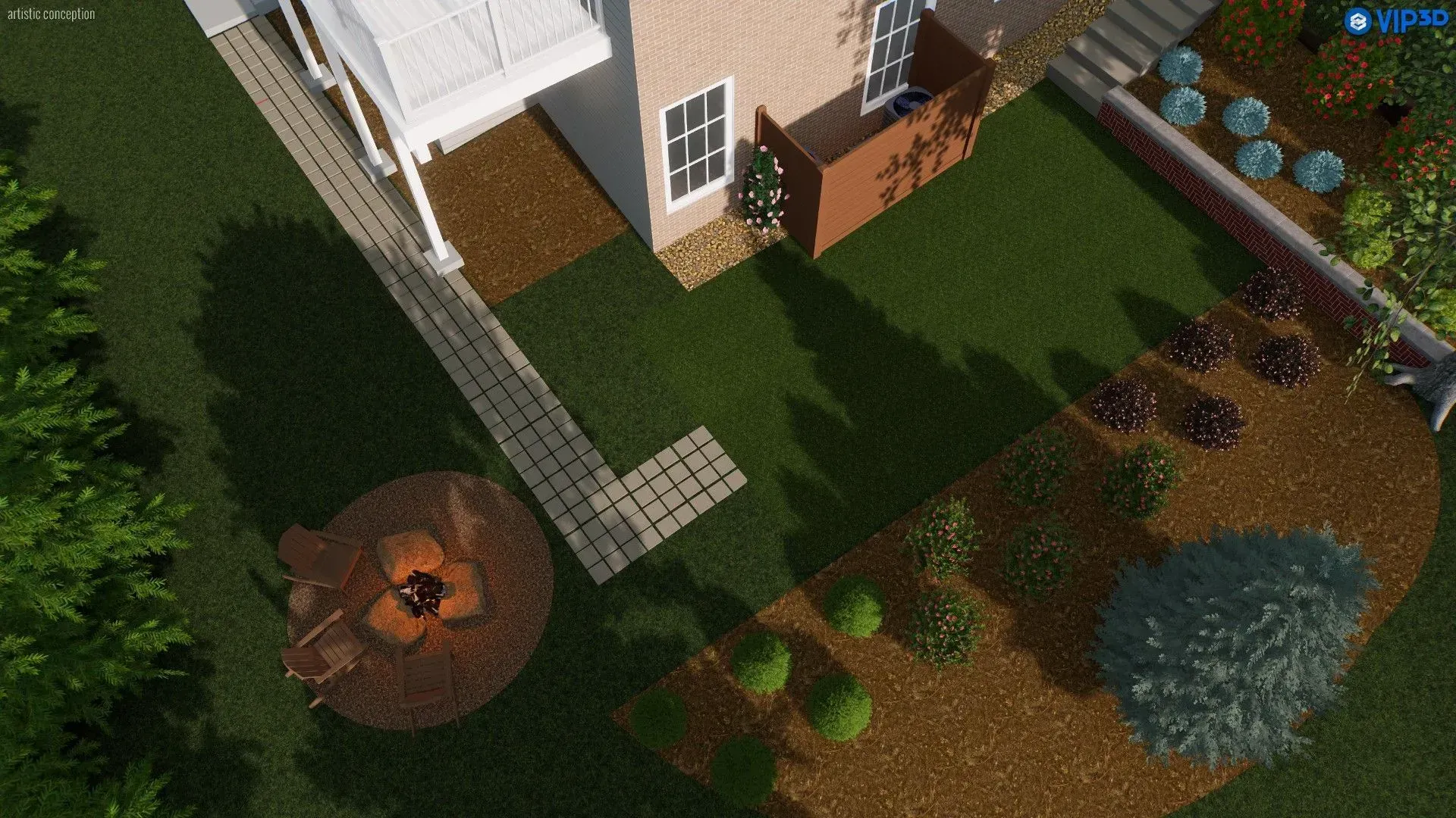 Aerial view of a house yard with a patio, stone path, fire pit, and garden beds.