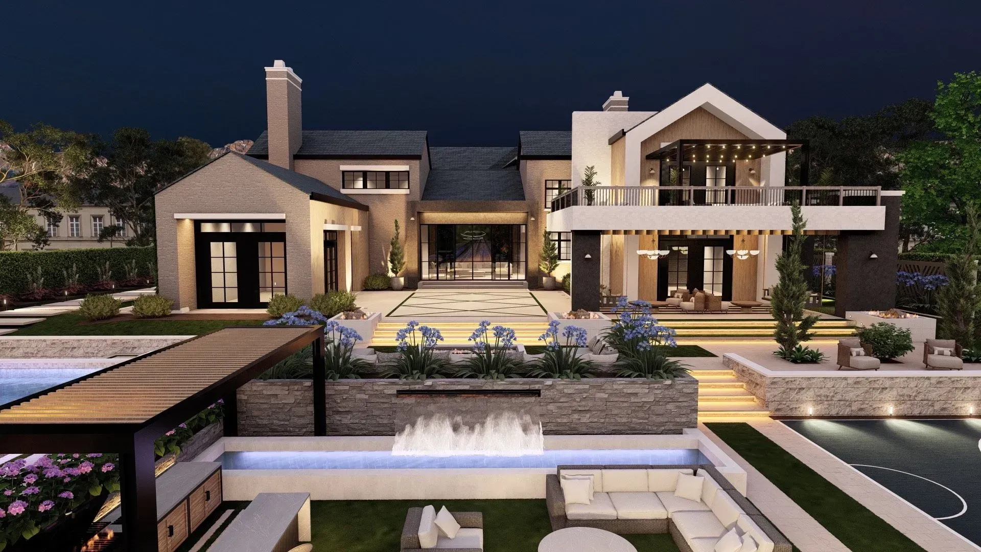 Luxurious modern mansion at dusk with glowing lights, pool, and landscaped courtyard