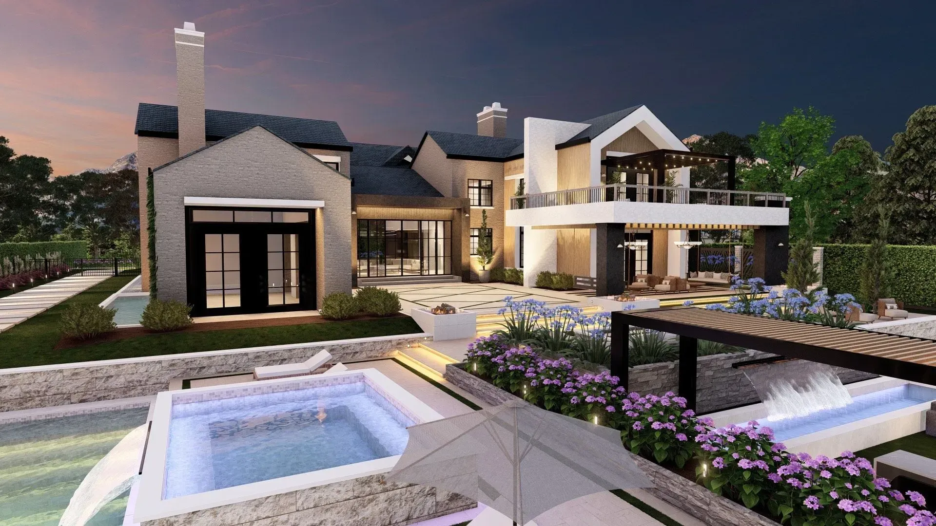 Luxury modern house with glowing pool and landscaped courtyard at dusk