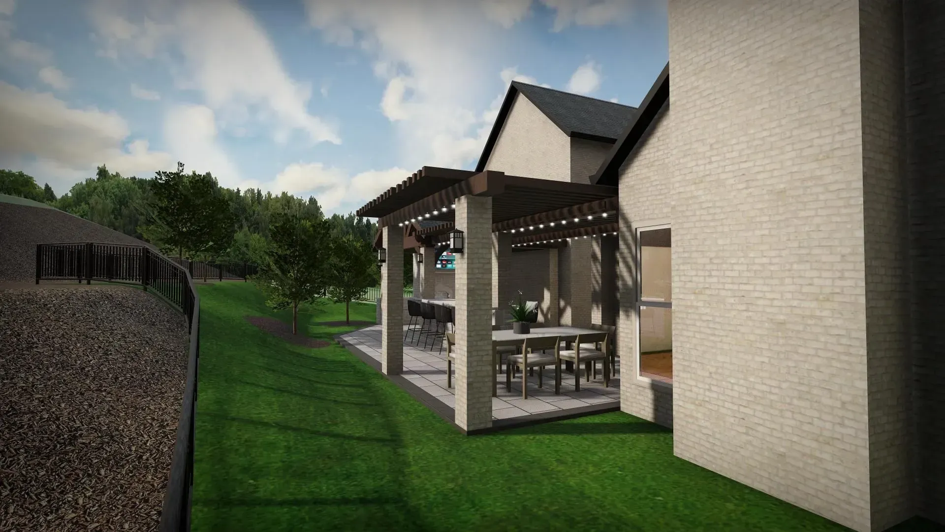 Backyard patio pergola with outdoor dining table beside a house and green lawn