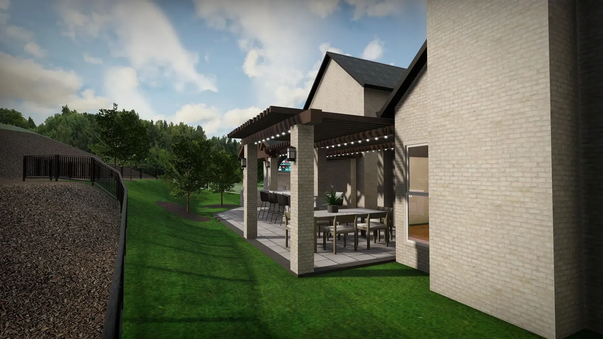 Covered backyard patio beside a house, with outdoor dining furniture and a green lawn