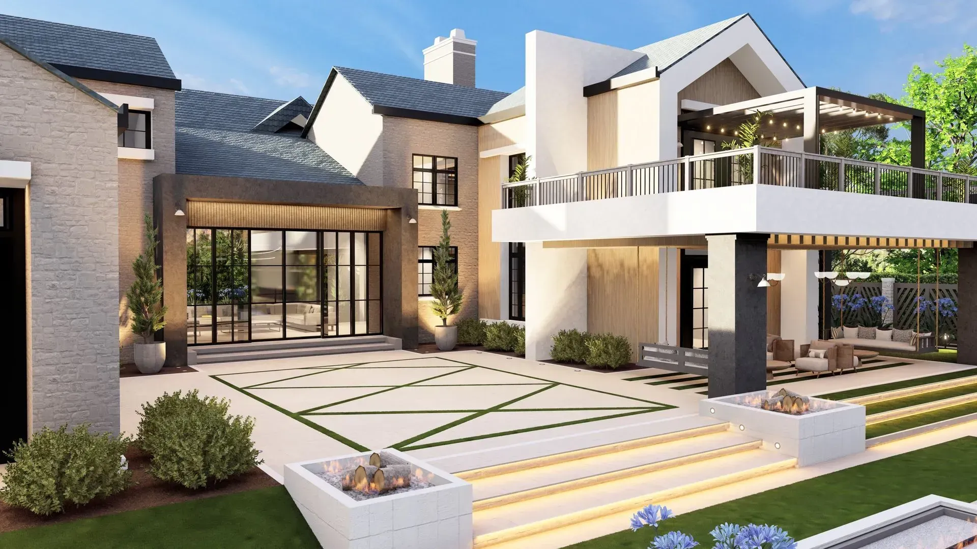 Modern luxury home exterior with white balconies, glass windows, and landscaped front courtyard