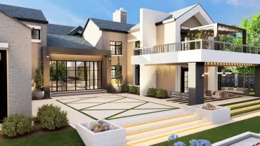 Modern two-story house with white balconies, large windows, and a landscaped front patio