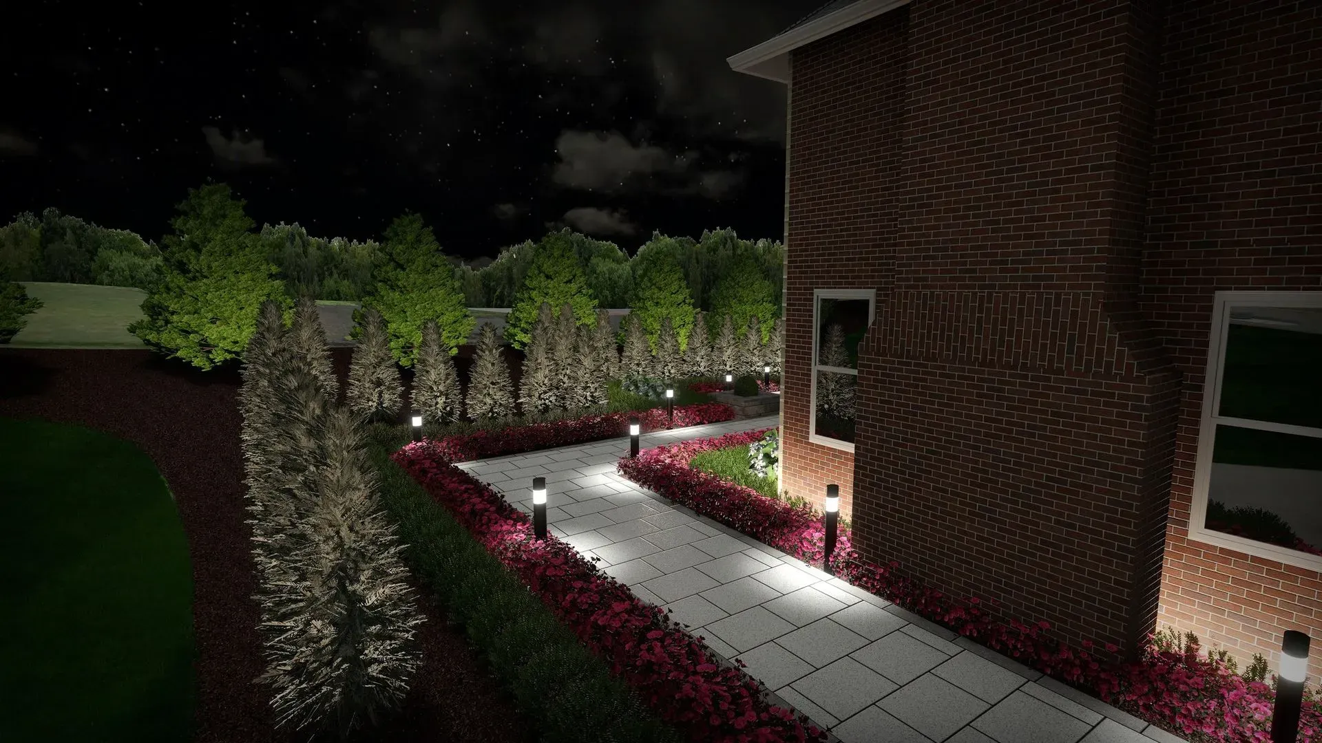 Nighttime garden walkway beside a brick building, lit by low path lights and lined with hedges