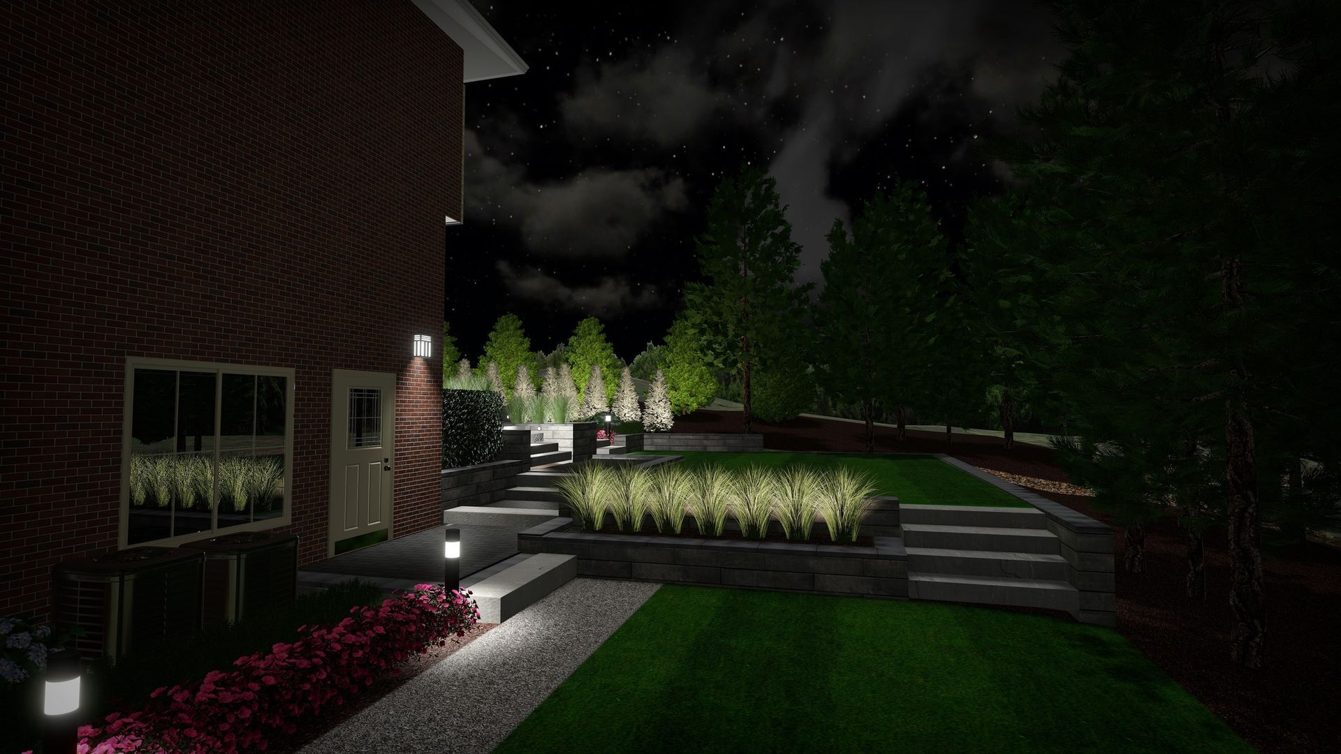 Night-lit landscaped garden beside a brick house, with steps, shrubs, and trees.