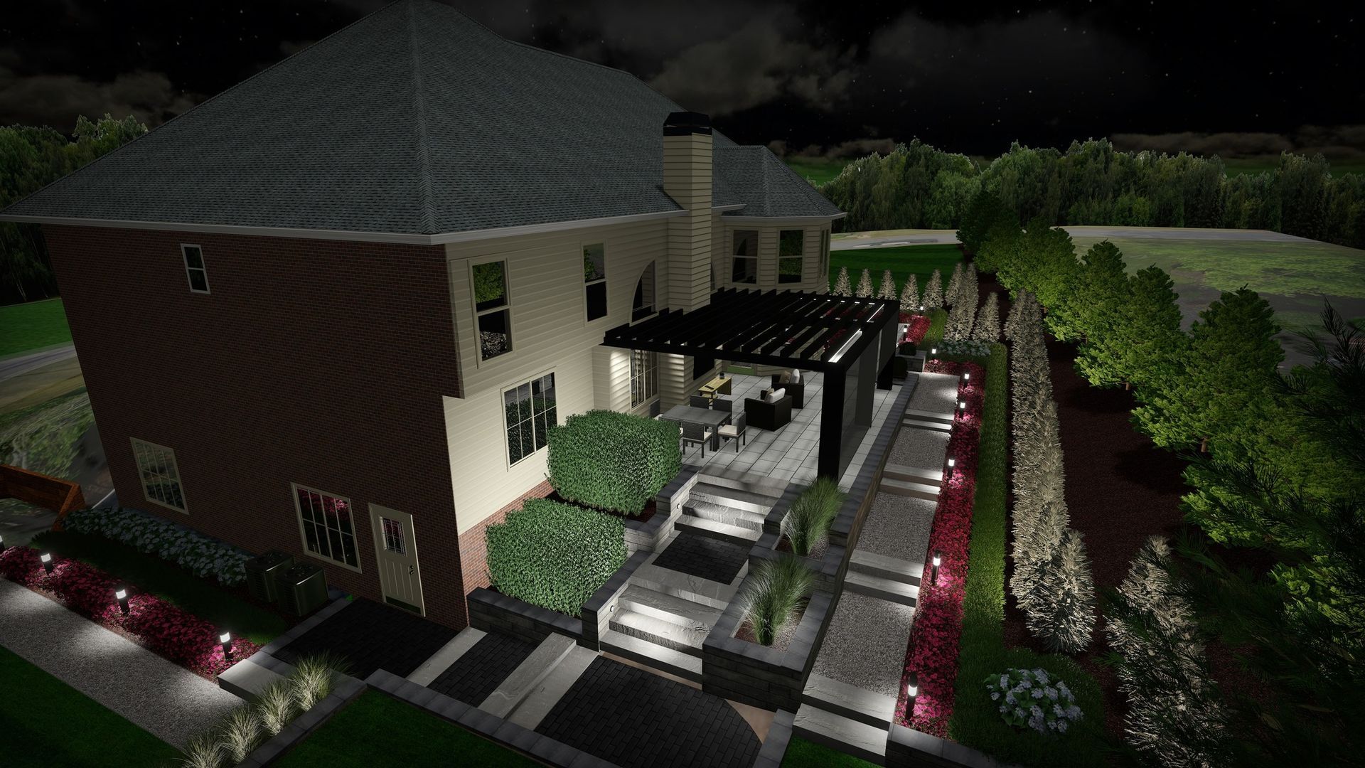 Nighttime view of a large house with lit garden walkway, pergola, and landscaped hedges