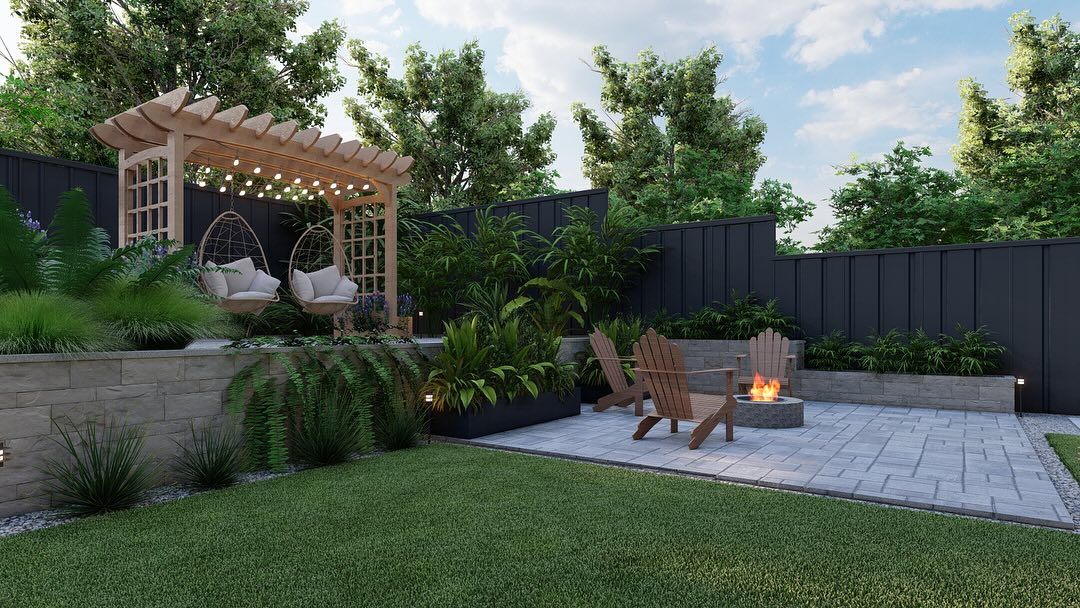 Backyard patio with pergola, outdoor seating, fire pit, and lush greenery beside a lawn