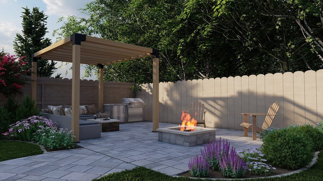 Backyard patio with pergola, fire pit, outdoor seating, and purple flowers along a fence