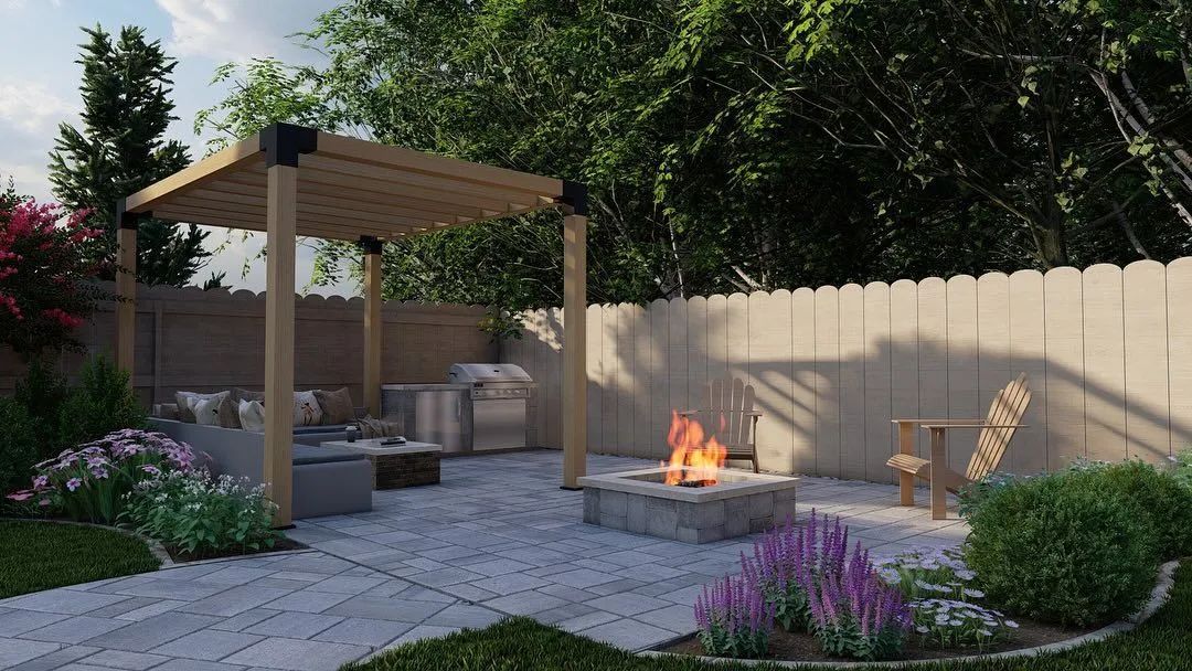 Modern backyard patio with pergola, seating, fire pit, and purple flowers by a wooden fence