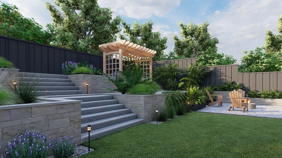 Backyard patio with stone steps, pergola seating area, and green lawn beside a fence