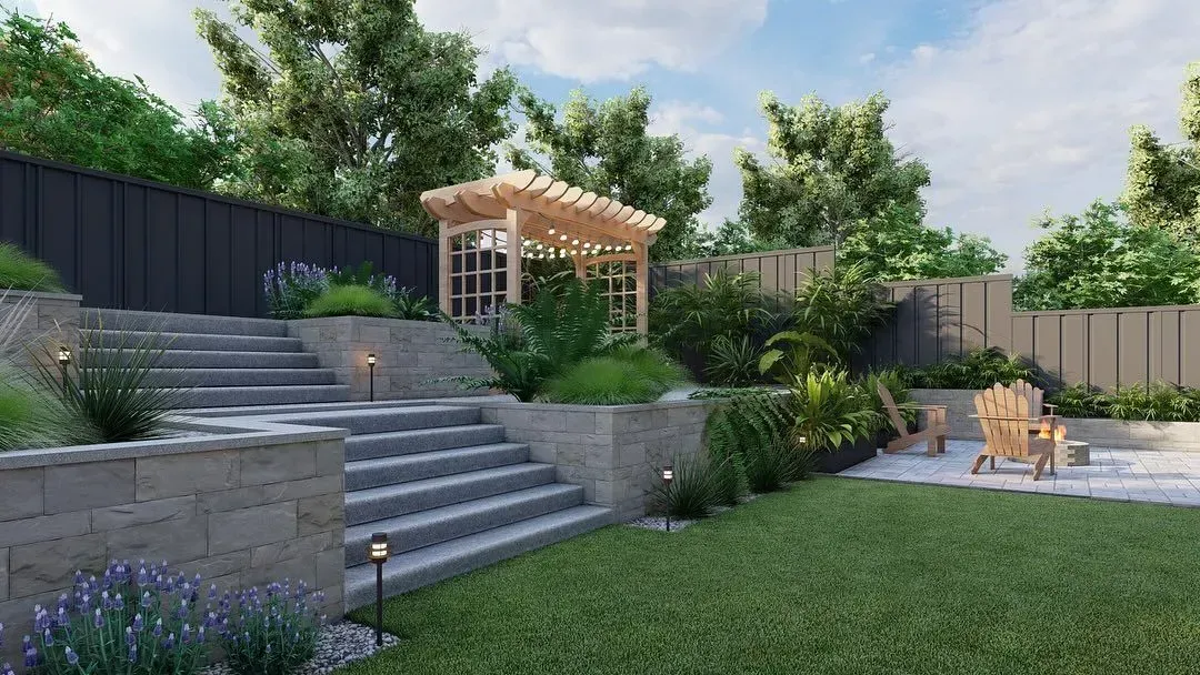 Modern terraced backyard with stone steps, pergola, patio seating, and lush green lawn