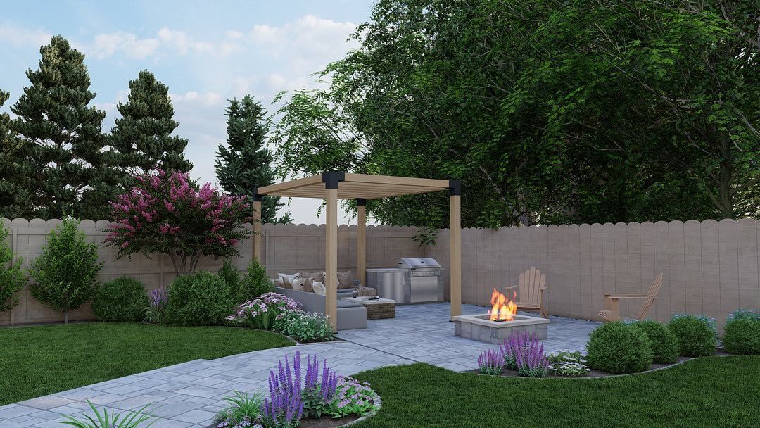 Backyard patio with pergola, fire pit, grill, and purple flowers beside a stone wall.