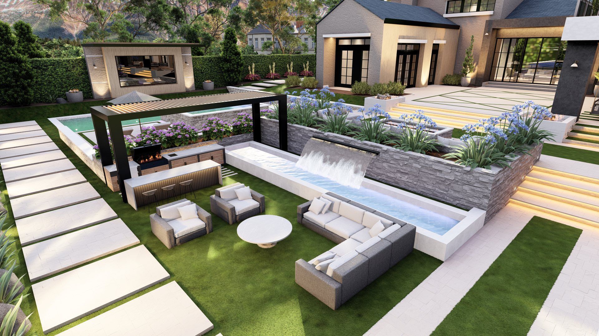 Modern outdoor lounge with white sectional seating, fire pit, pergola, and landscaped garden patio.