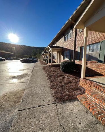 Sunlit apartment building with brick exterior, sidewalk, and parked cars on a clear day