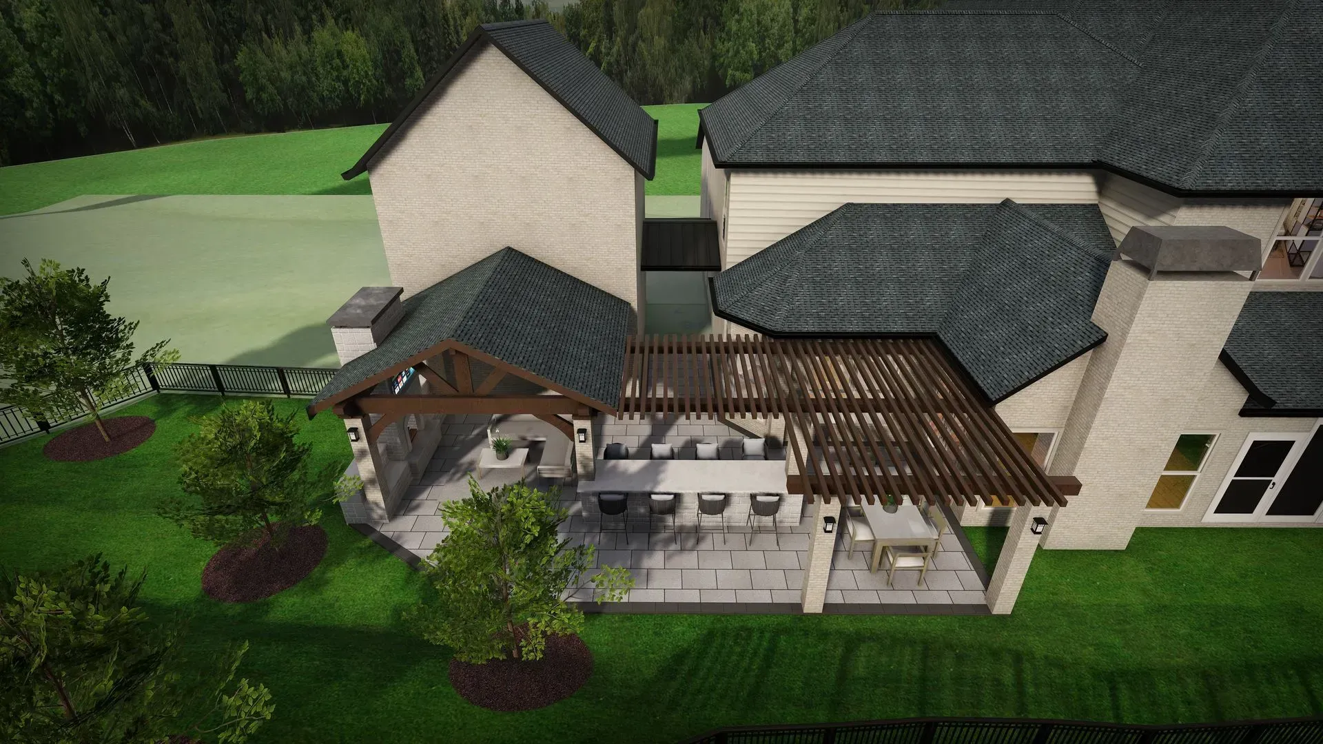Aerial view of a large beige house with dark roofs, patio pergola, and lush green yard.