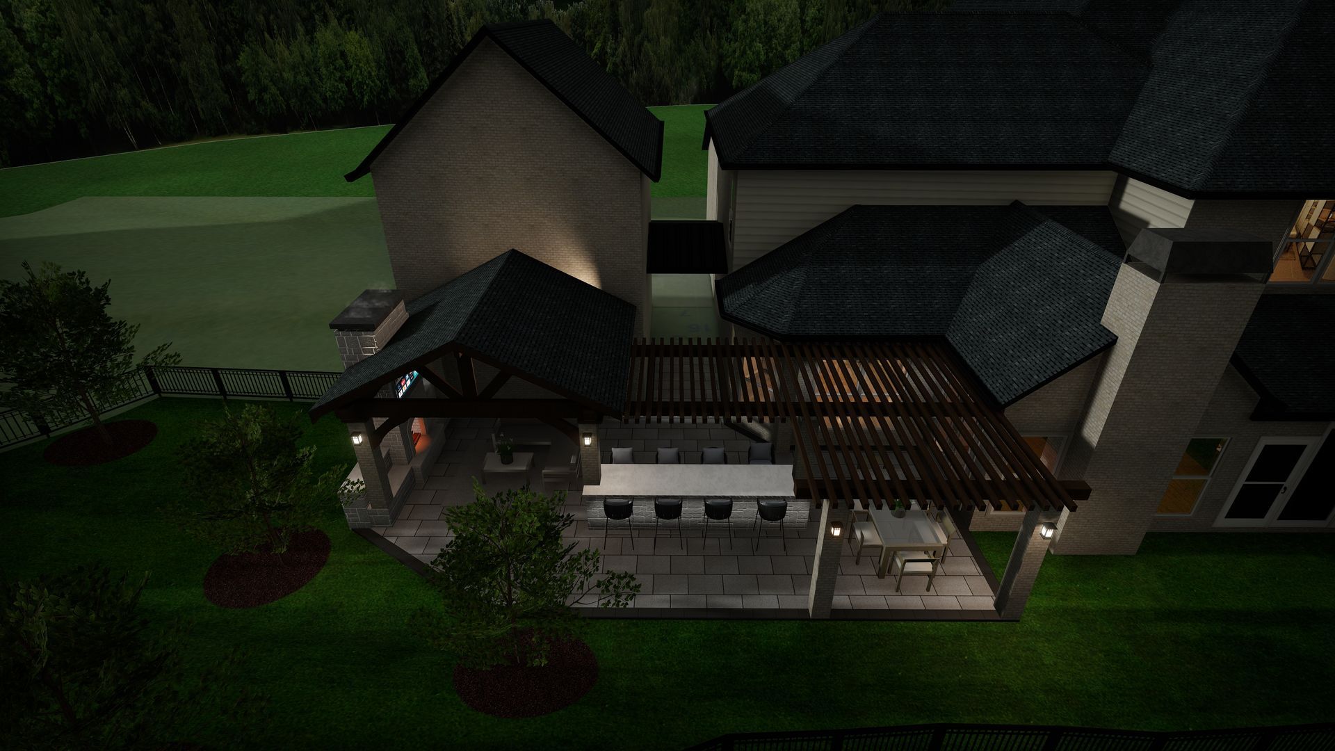 Aerial view of a dark house with a lit patio and lawn at night