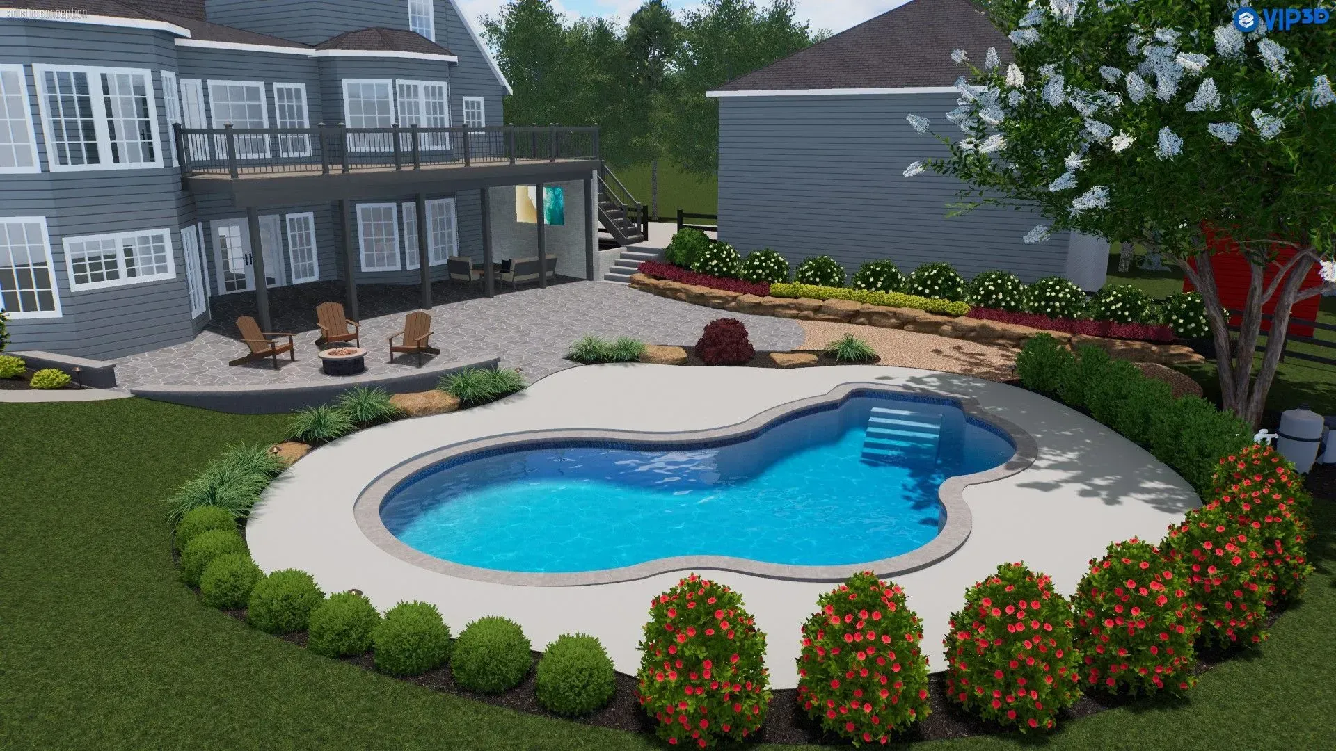 Backyard with a freeform blue swimming pool, flower beds, patio seating, and a gray house in the background