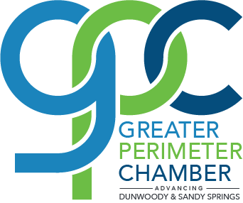 Greater Perimeter Chamber logo in blue and green with “Advancing Dunwoody and Sandy Springs” text