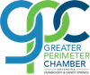 Greater Perimeter Chamber logo in blue and green text with abstract arc design