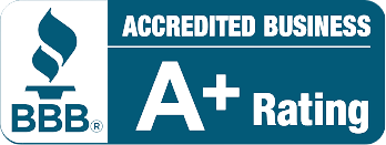 BBB Accredited Business A+ rating badge with blue background and white text