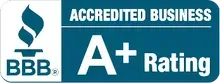 BBB Accredited Business A+ Rating logo in blue and white