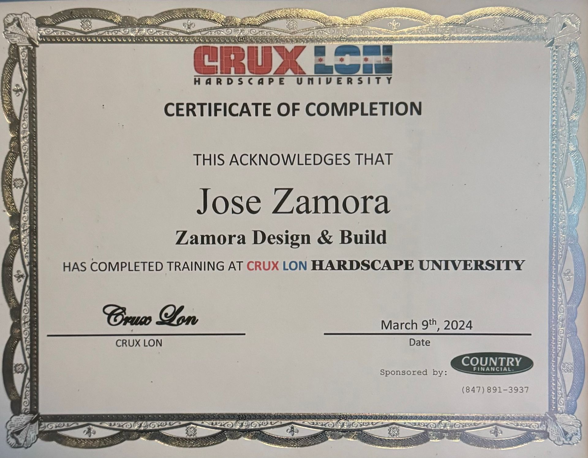 Certificate of Completion from CRUX University for Jose Zamora, dated March 4, 2024