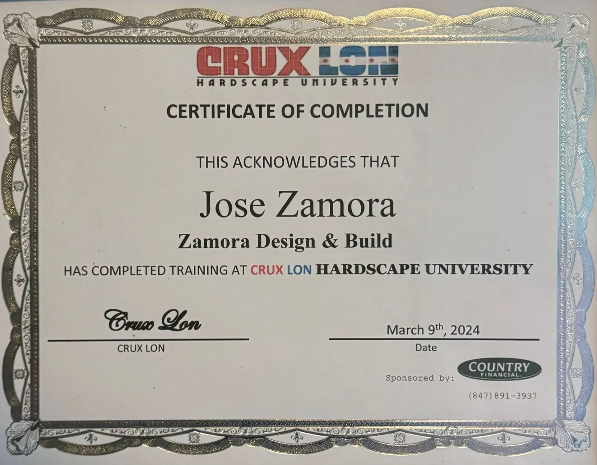 Certificate of completion for Jose Zamora from CRUX LON Hardware University with ornate border
