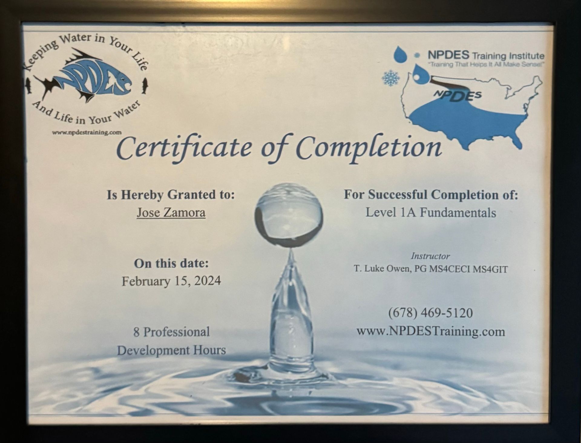 Certificate of Completion with trophy graphic, blue border, and NPDS Training Institute logo