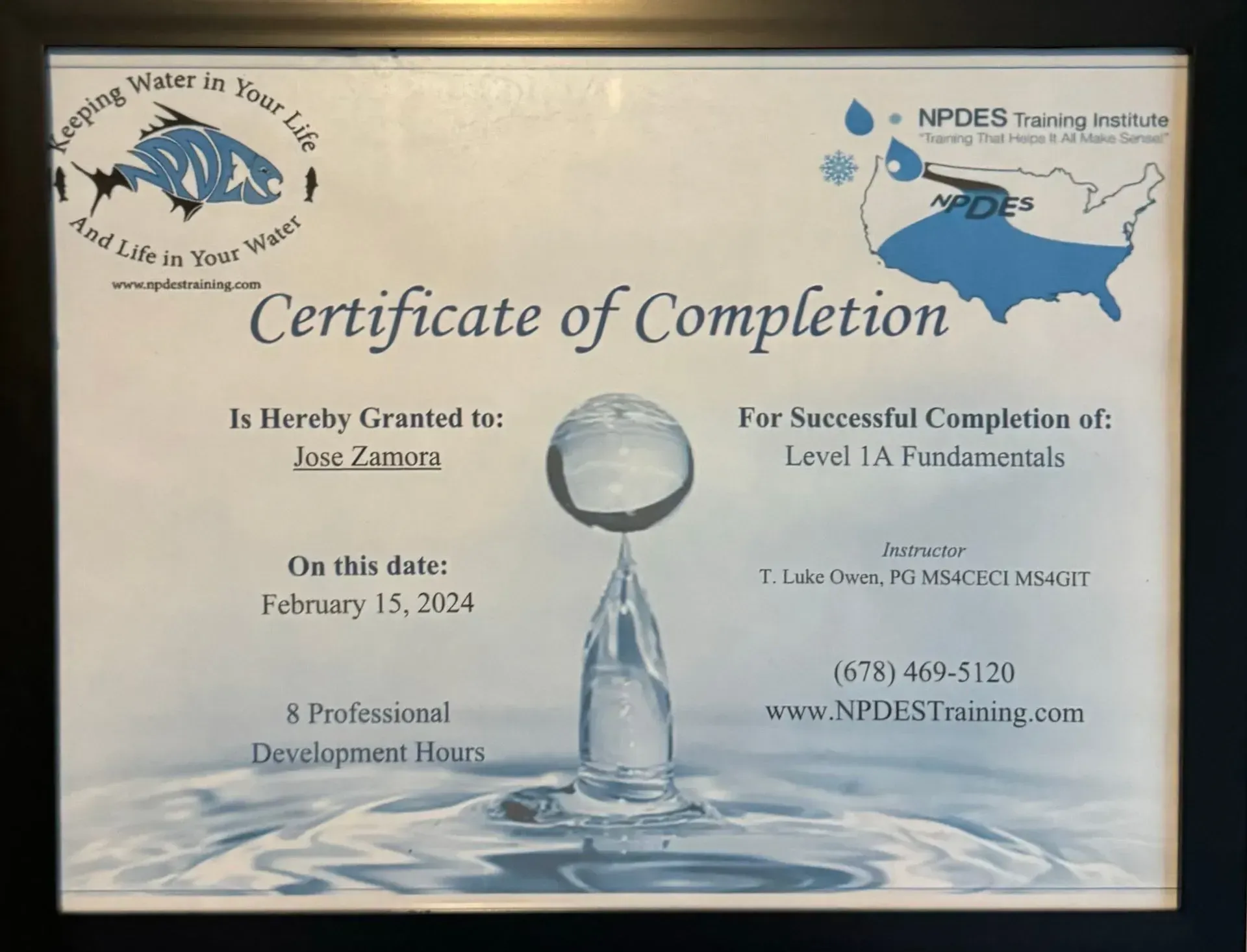 Certificate of completion with water droplet trophy graphic, blue-white background, and course details.