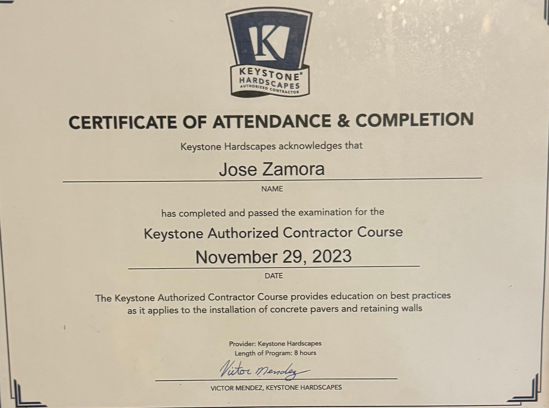 Certificate of attendance and completion for Jose Zamora, Keystone Authorized Contractor Course, Nov. 29, 2023