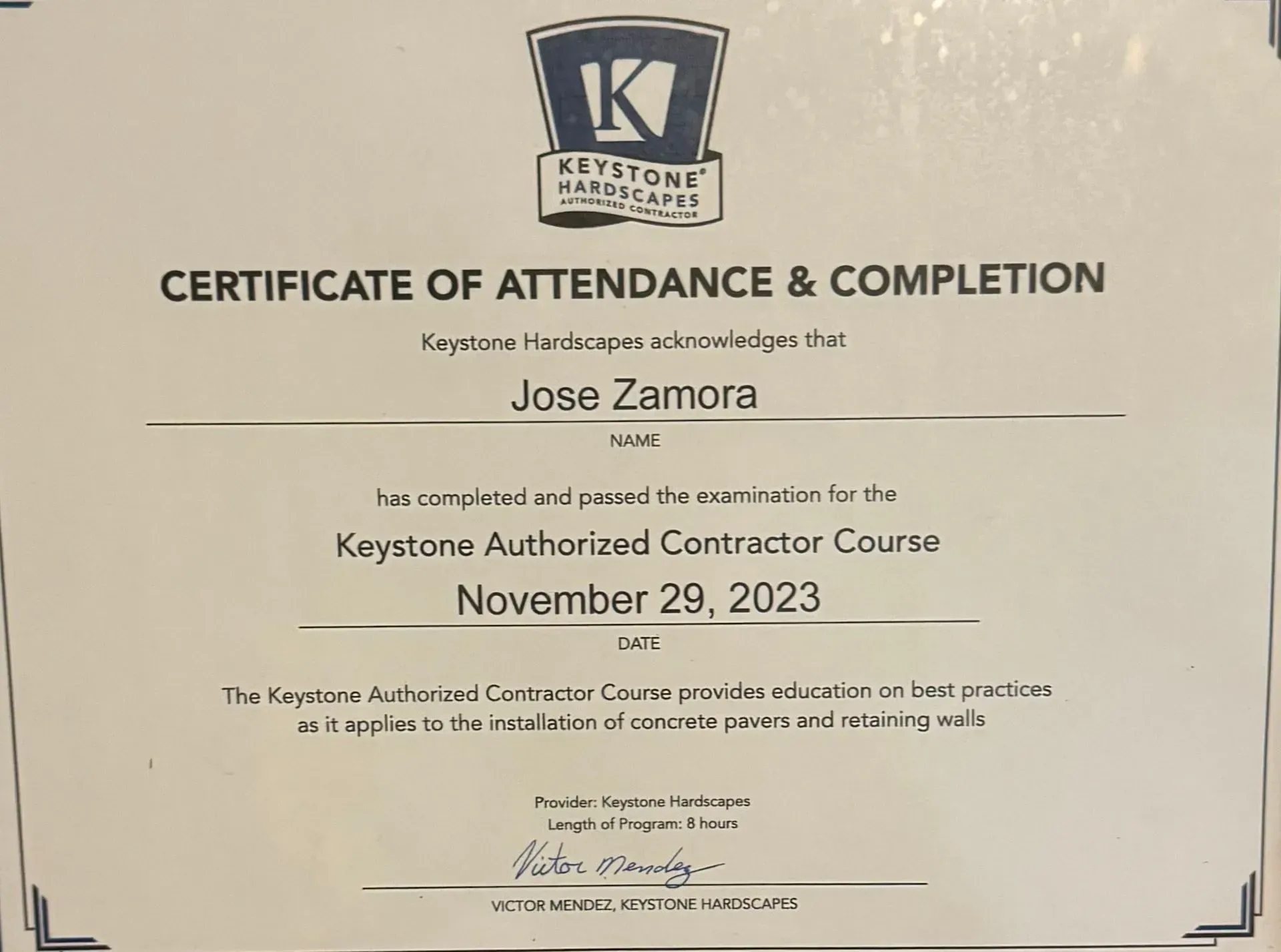 Certificate of Attendance & Completion for Keystone Authorized Contractor Course, November 29, 2023