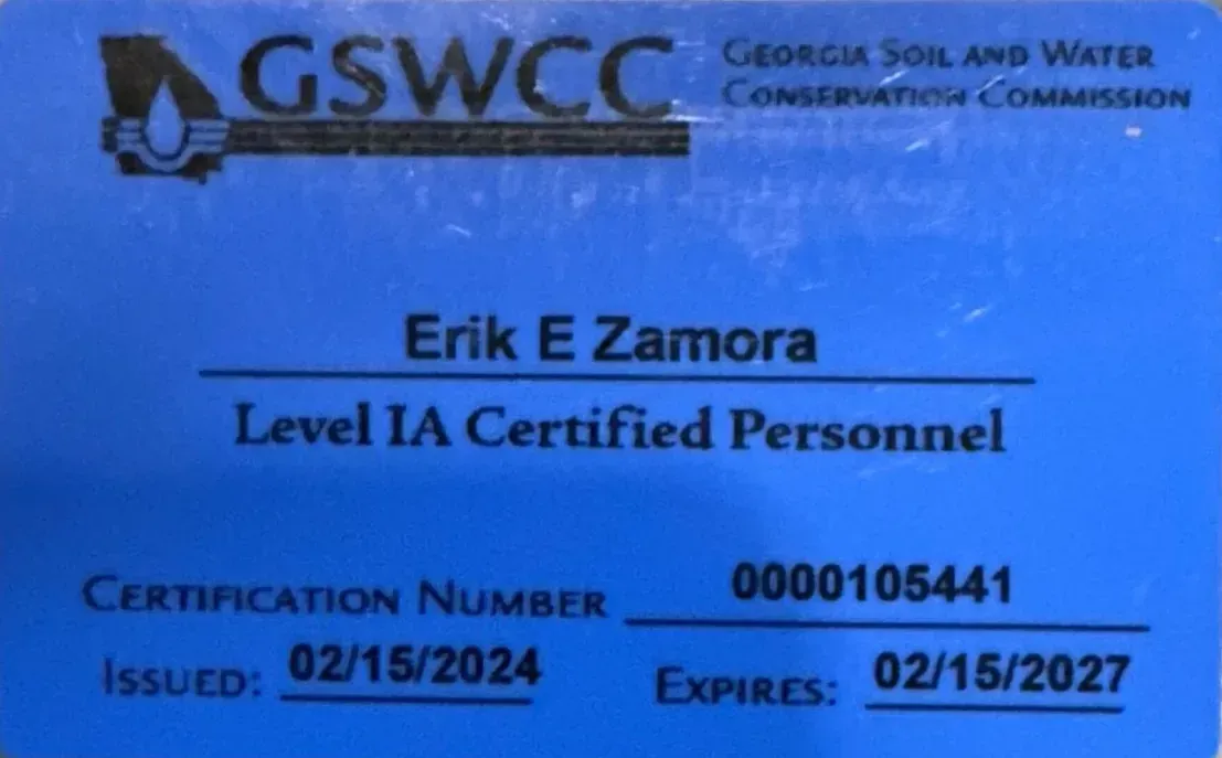 Blue GSWCC certification card for Erik E Zamora, Level IA Certified Personnel, issued 02/15/2024, expires 02/15/2027