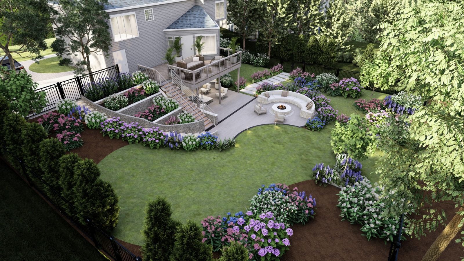 Landscaped backyard with patio, fire pit, stone steps, and colorful flower beds around a house