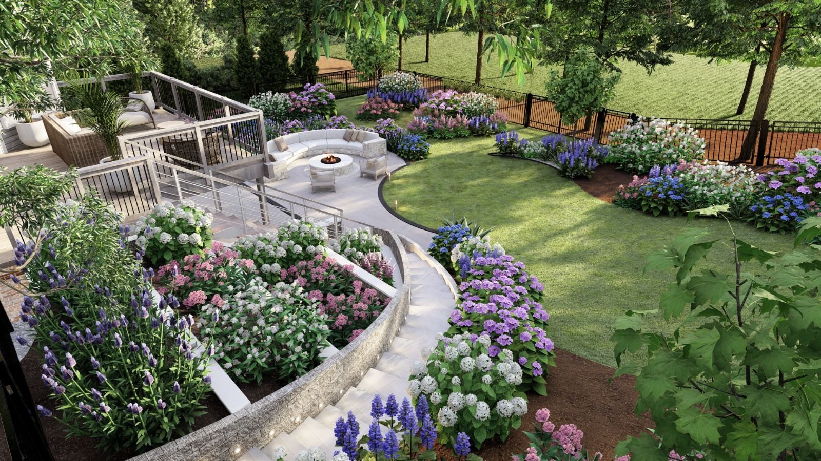 Curved garden path beside white pergola and colorful flower beds in a lush landscaped yard