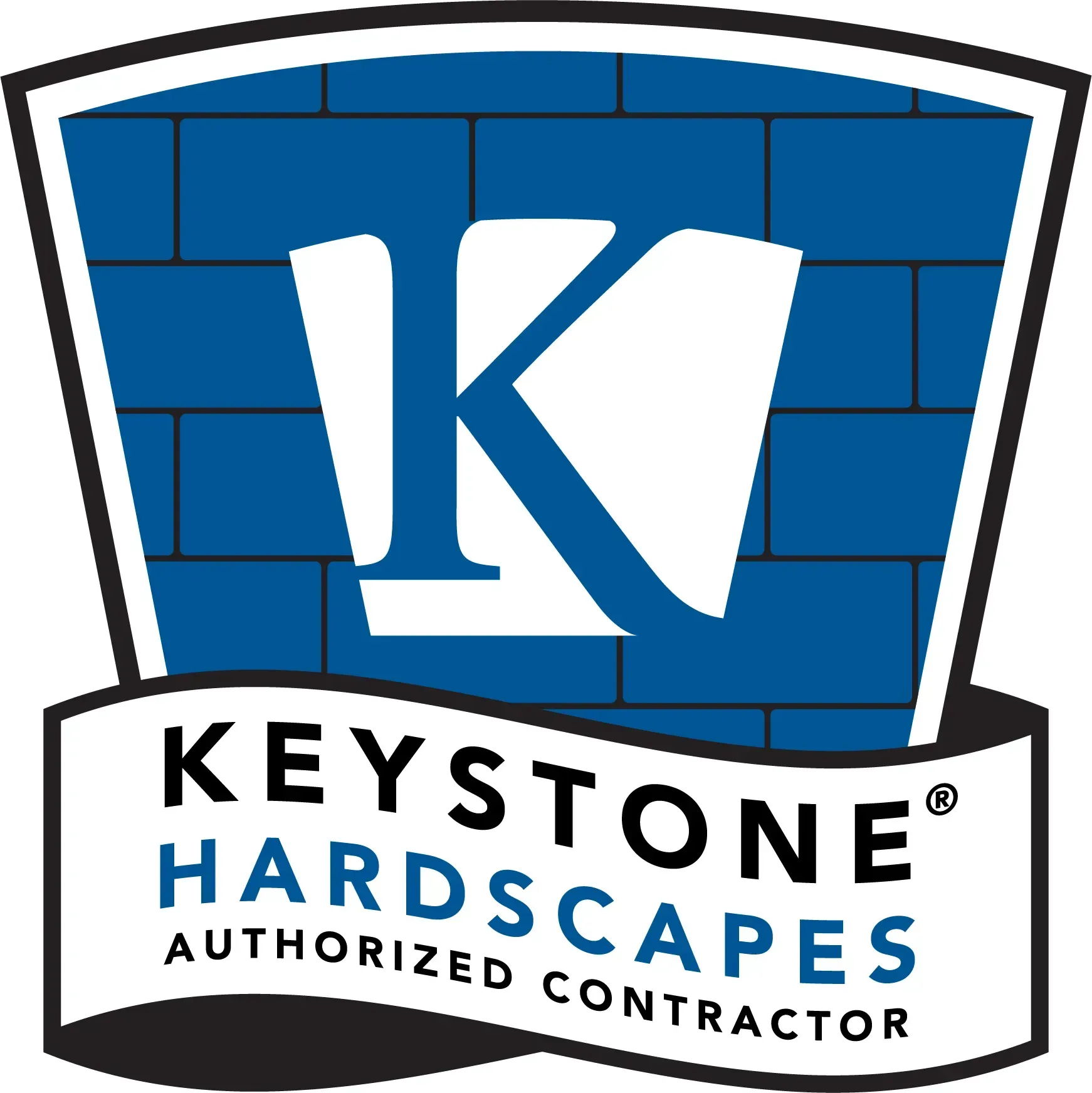 Keystone Hardscapes logo with blue brick shield and white K mark