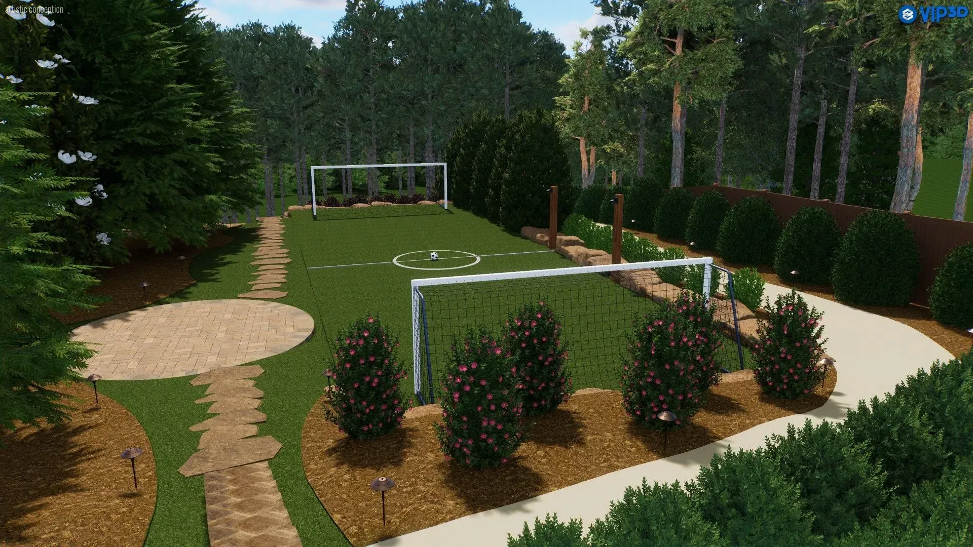 Landscaped garden with circular paths, shrubs, trees, and a grassy central lawn.
