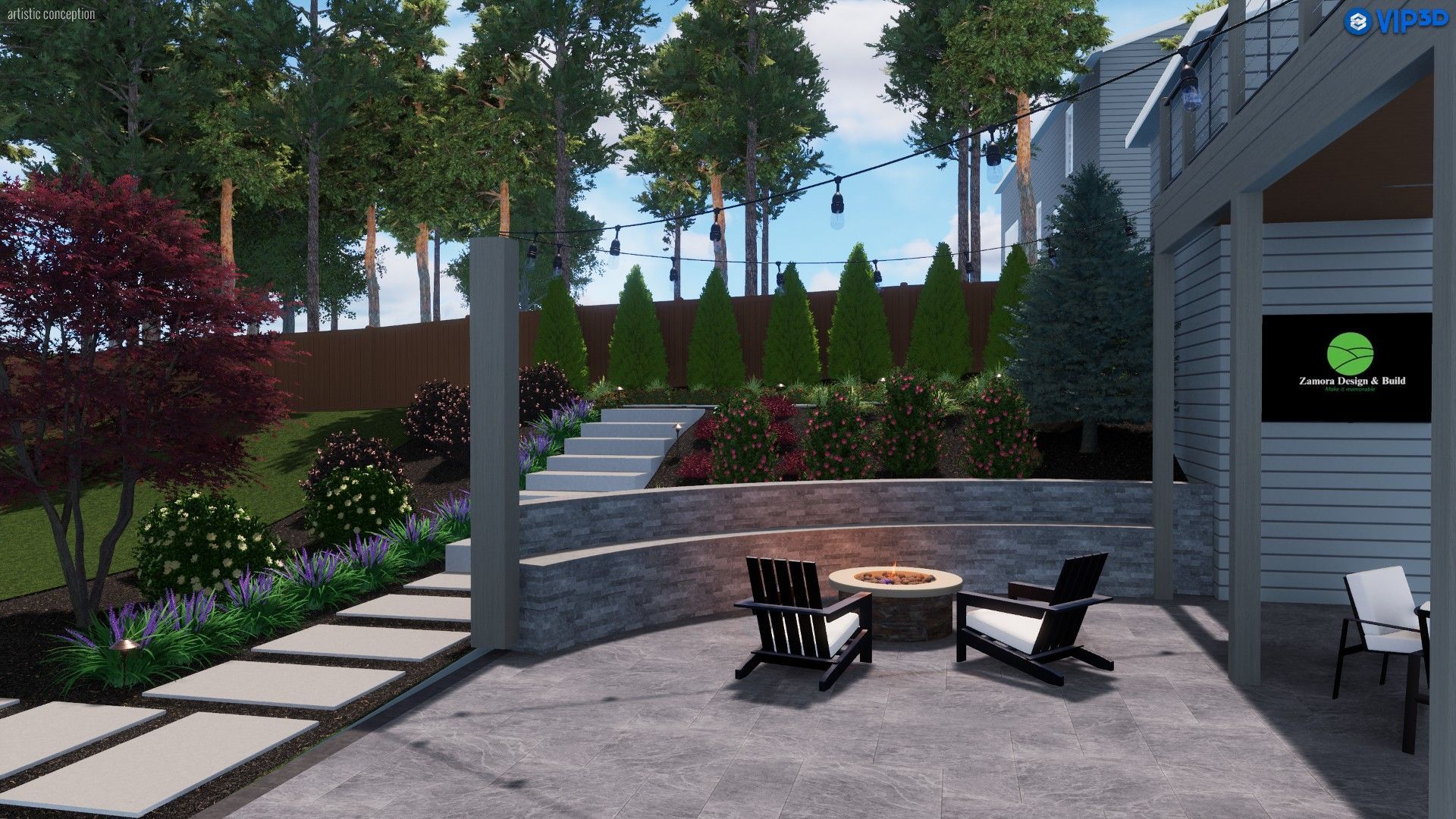 Modern backyard patio with fire pit, lounge chairs, stone steps, and landscaped trees by a house