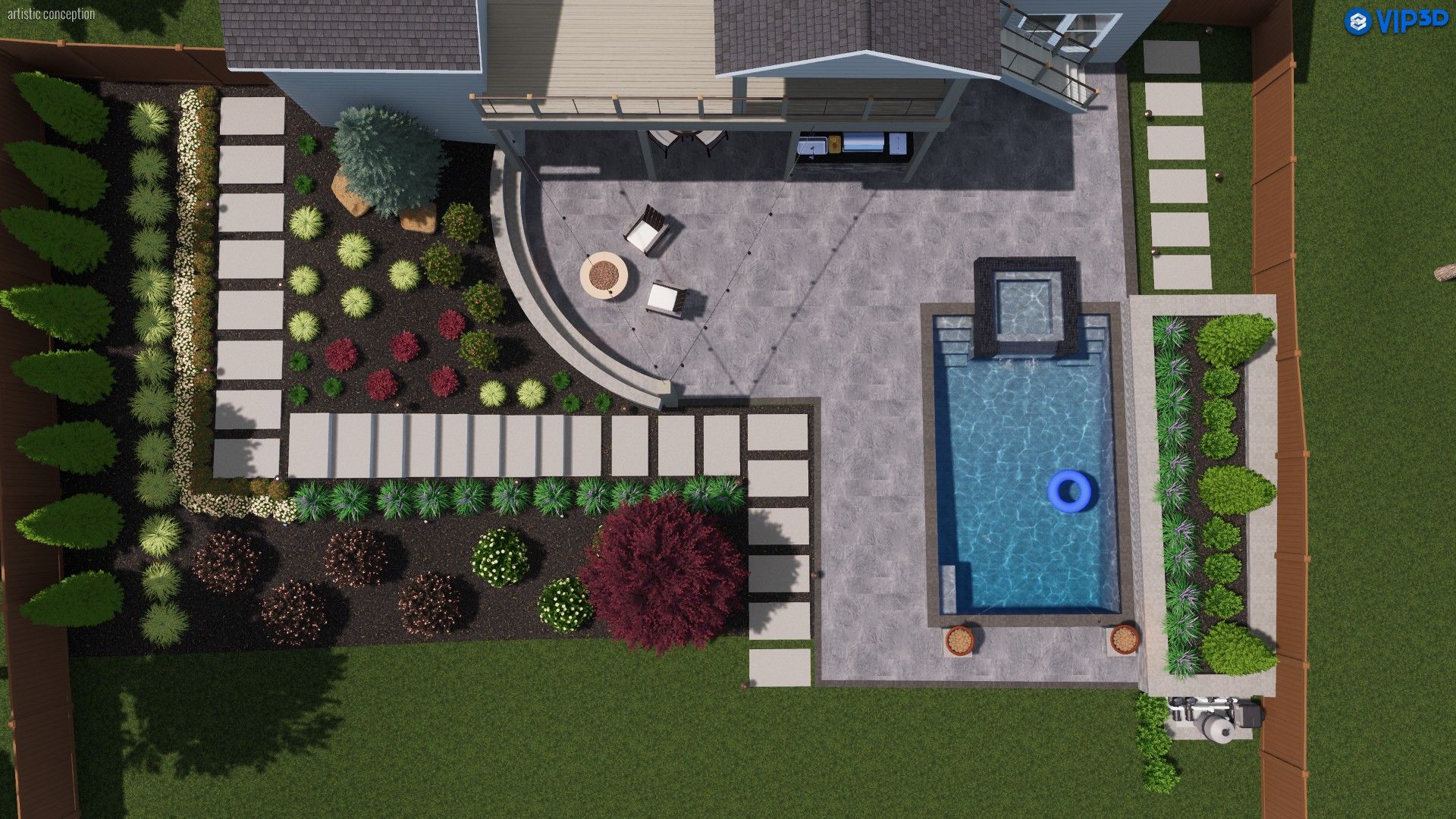 Top-down view of a backyard patio with seating, a pool, and landscaped garden beds.