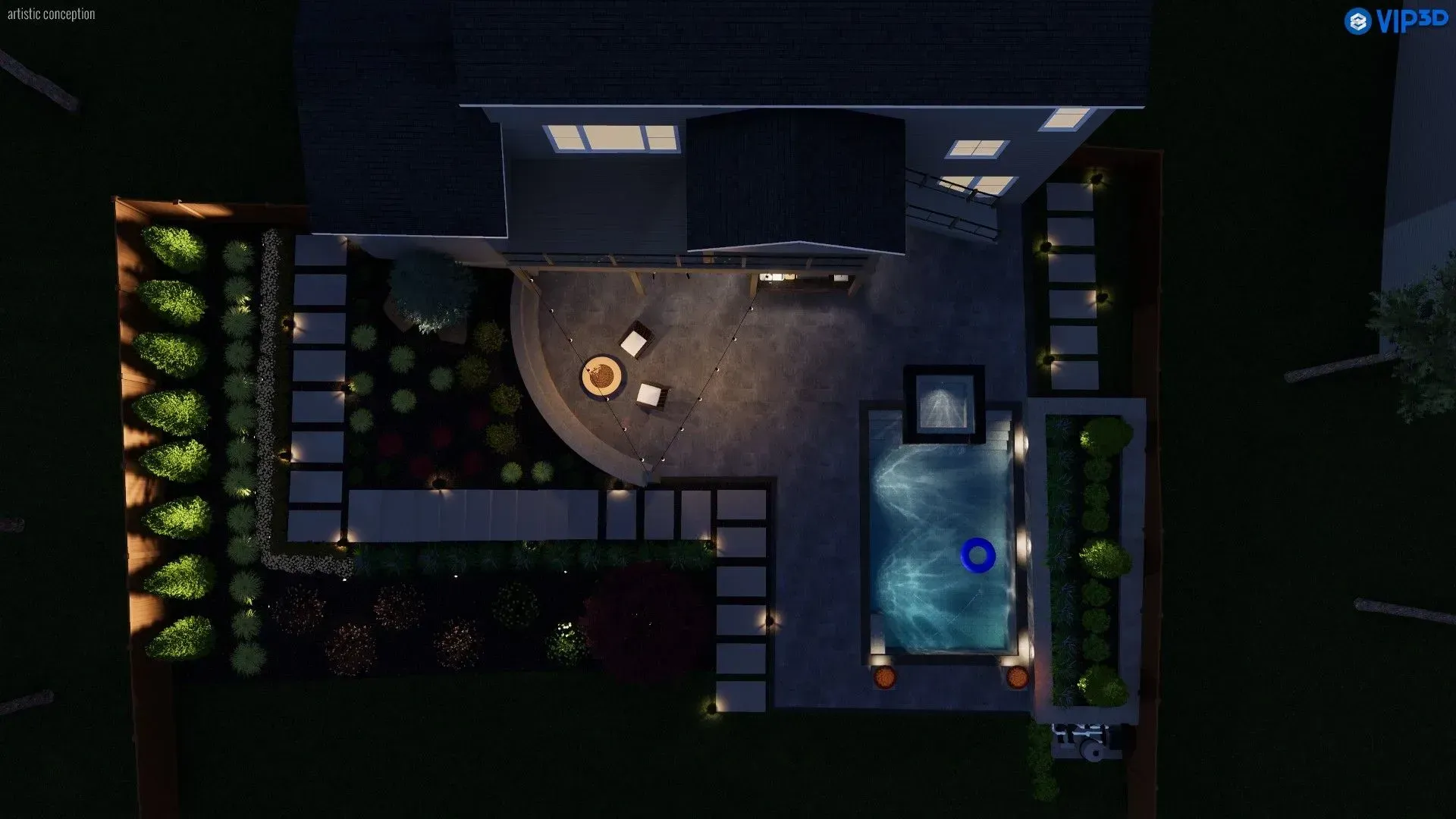 Overhead view of a modern rooftop patio with lounge chairs, tables, plants, and a small pool at night