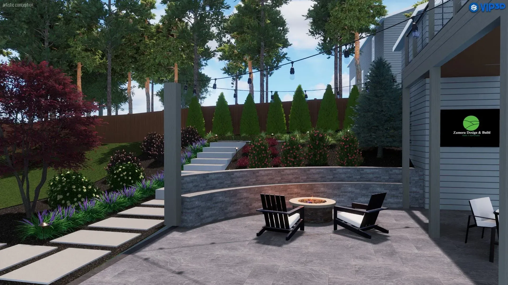 Modern backyard patio with lounge chairs, fire pit, steps, trees, and a house exterior.