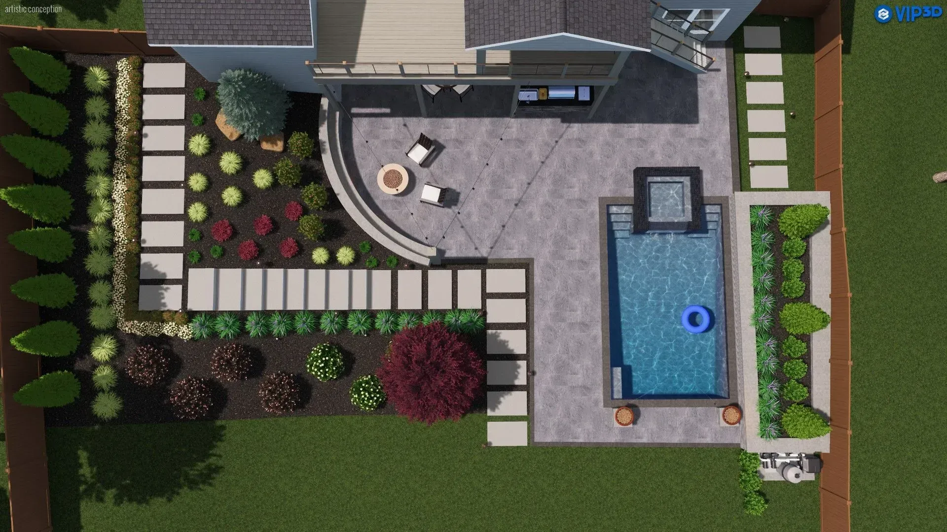 Top-down view of a backyard patio with pool, outdoor seating, and landscaped garden beds