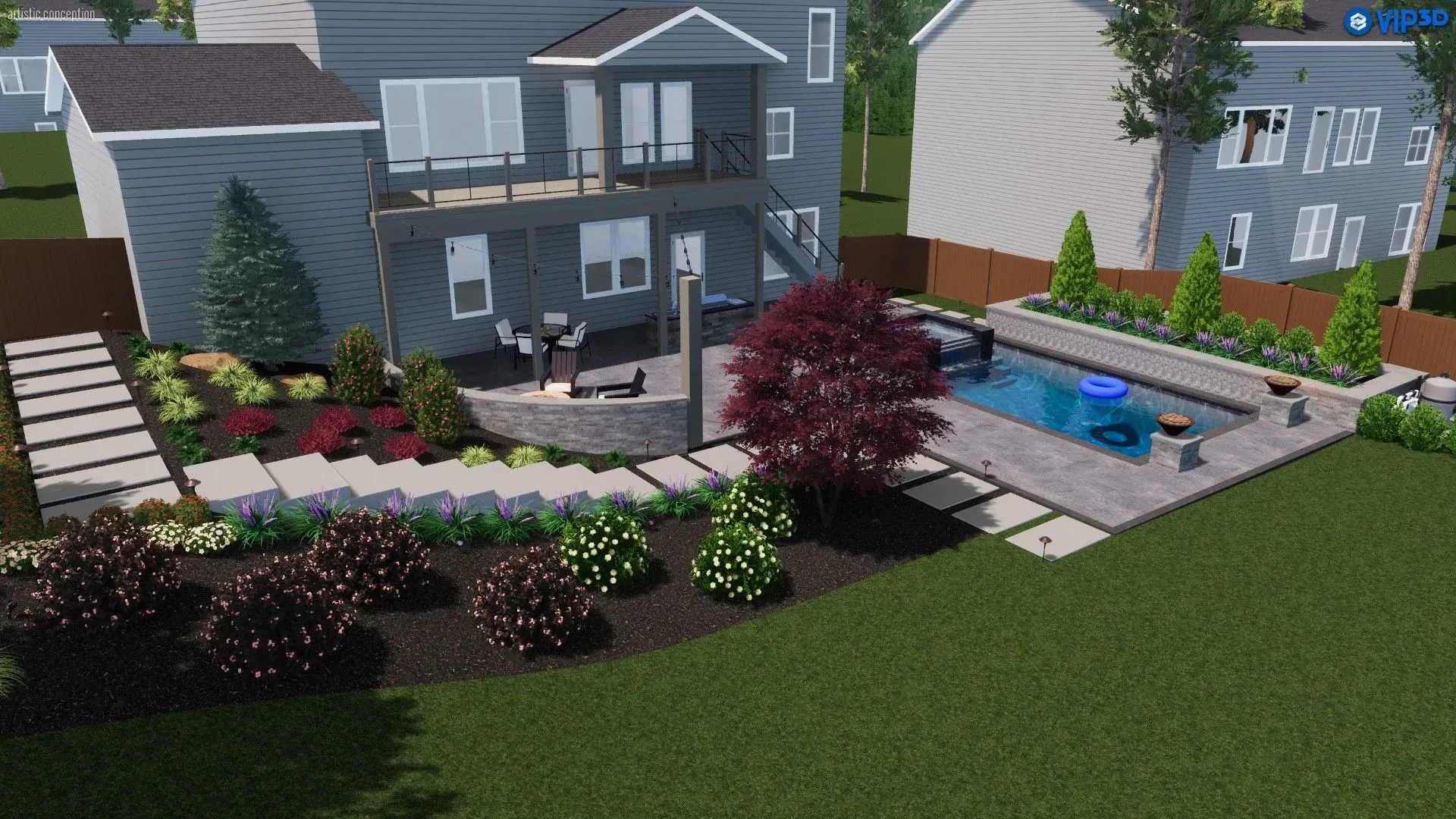 Modern backyard with gray house, patio seating, pool, stone steps, and landscaped garden beds