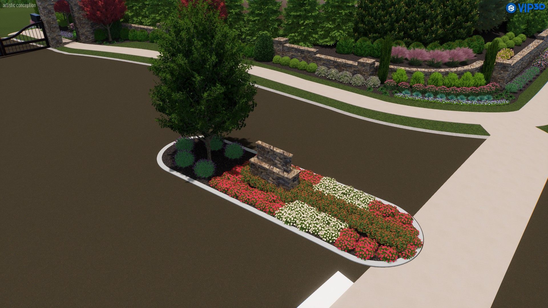 Landscaped traffic island with a tree, flowers, and shrubs beside a paved road intersection