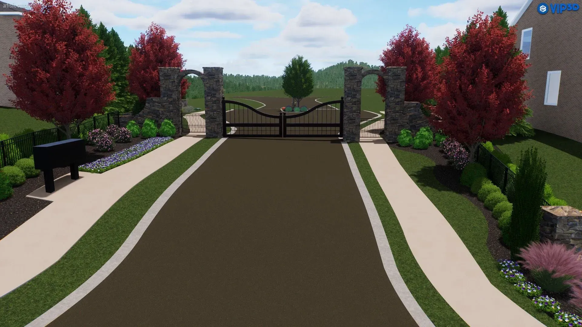 Landscaped driveway leading to a closed black gate between stone pillars, lined with flowers and red trees.